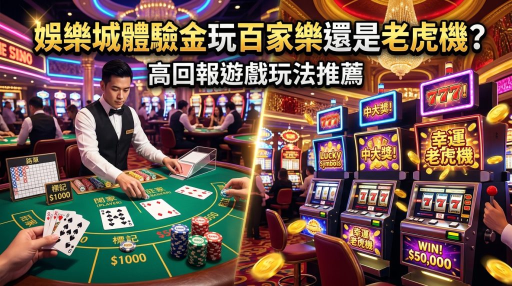 這是一張以豪華賭場為背景的圖片，左側展示了專業的百家樂牌桌與荷官，右側則是閃耀的老虎機與灑落的金幣。 圖片上方印有醒目的繁體中文標題「娛樂城體驗金玩百家樂還是老虎機？高回報遊戲玩法推薦」，完美呈現出豐富的遊戲氛圍。